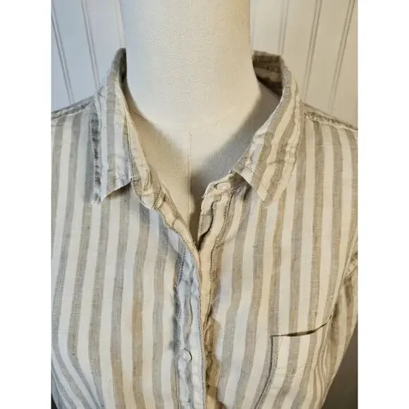 L.L Bean 100% Linen Striped Button Down Shirt Women's Size L Nautical Preppy - Picture 3 of 13